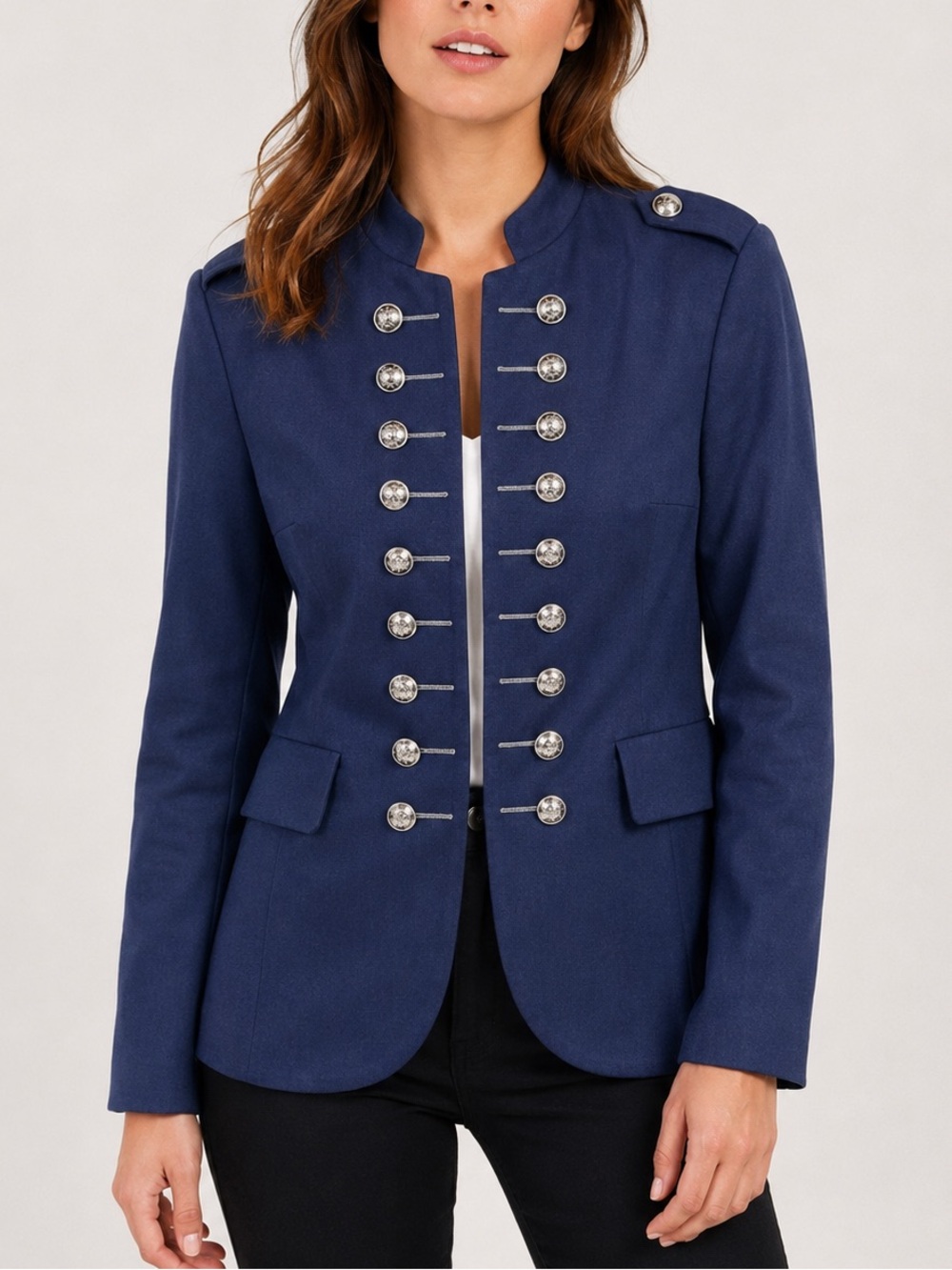 Mark Military Style Blazer Jacket Blue Silver Button Career Women Medium